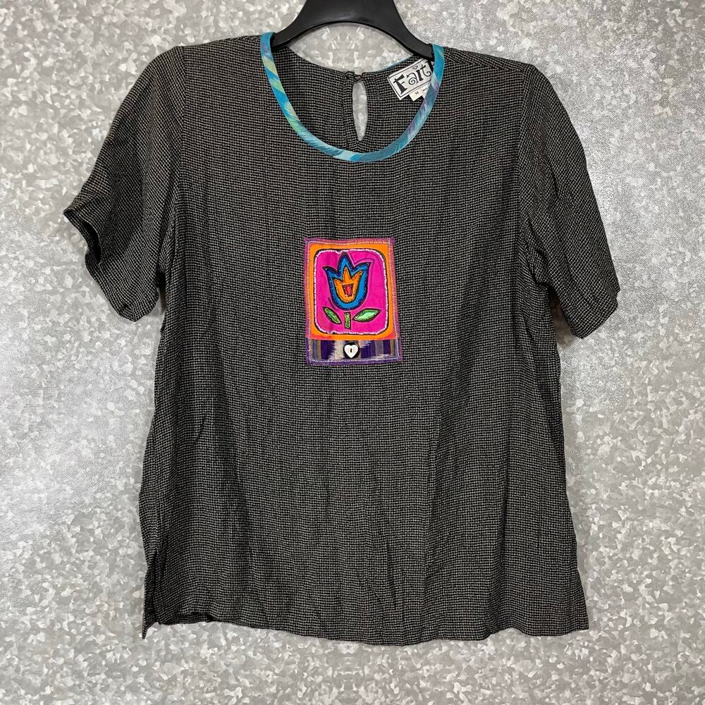 Faith Women's Vintage Lagenlook Applique Flower Black Top - Size Medium - Artsy